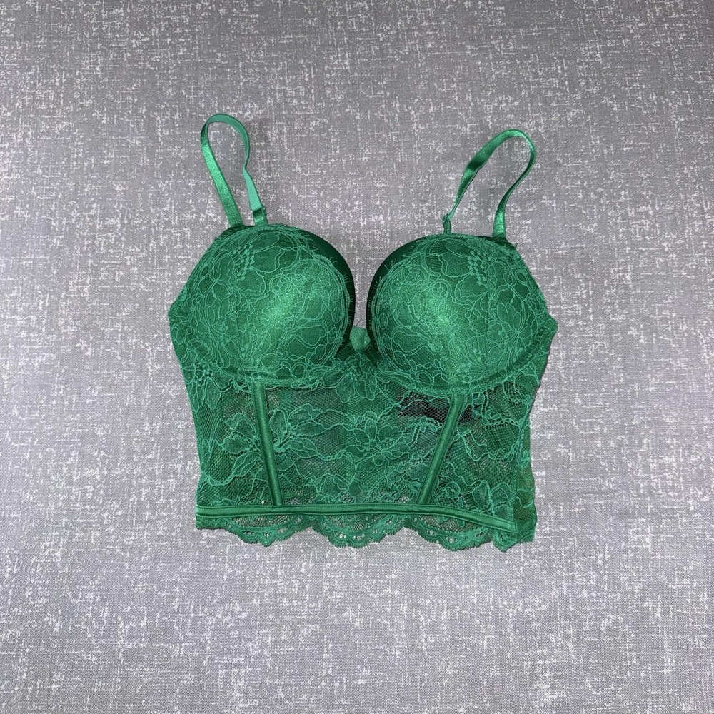 Victoria's Secret Very Sexy Bra Womens 32C Green Lace Longline Push Up Underwire